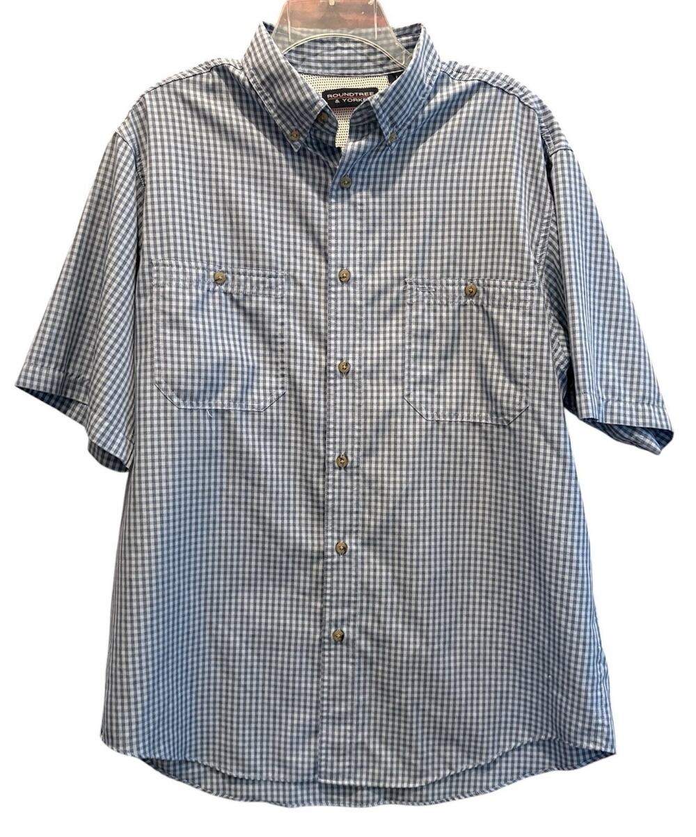Roundtree & Yorke Blue and White Gingham Button Down Sports Shirt Size Large